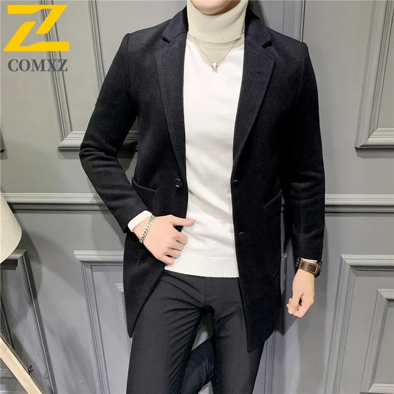 COMXZ  New Mens Trench Coat Lightw Luxurious Mid-Length Wool Blend Overcoat Korean Style Trendy Tweed Autumn Winter Outerwear