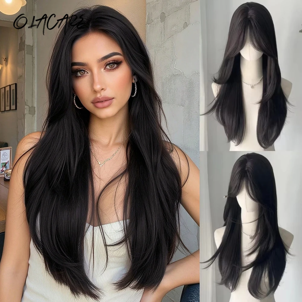 

OLACARE Синтетические длинные прямые парики Средняя часть Коричневый Черный Косплей Парики из волос Лолиты для женщин Натуральный термостойкий парик