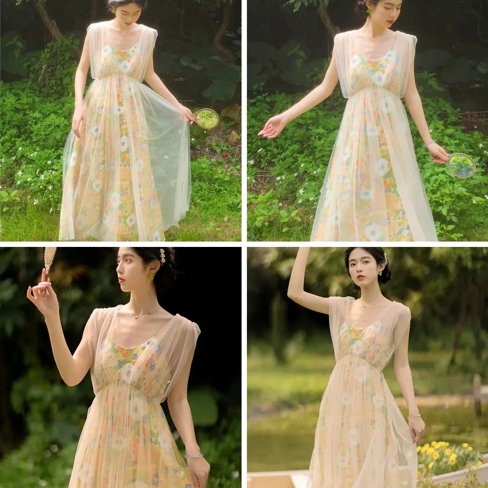 

Cottagecore Fairy Dress Summer Vintage Floral Lace Sleeveless Dress for Women, Mori Girl Style Vestido