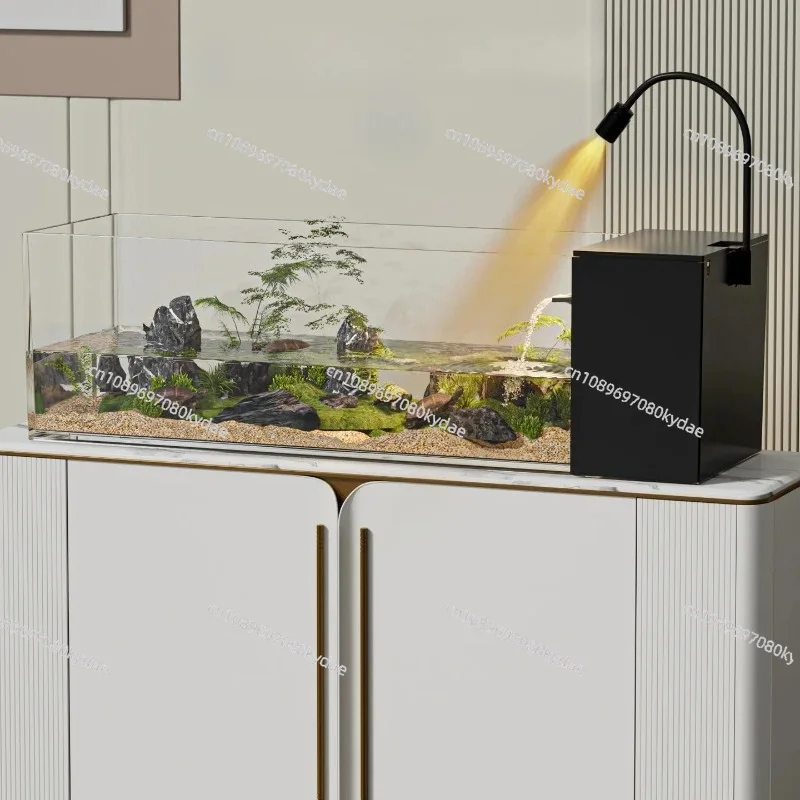 ‌Turtle Aquarium Tank - Fish & Turtle Hybrid Habitat with Stream Landscape Luxury Villa Ecosystem for Home/Office