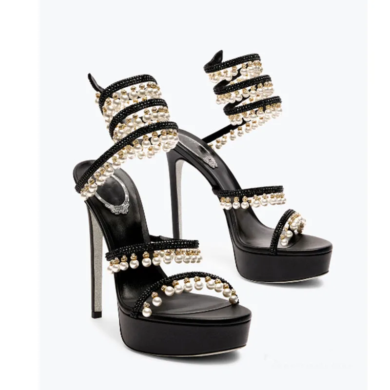 

Sexy Pearl Drop Snake-Liked Strap Slip On Platform Sandals Thin High Heels Wedding Shoes Leg Twined Summer Sandals Booties