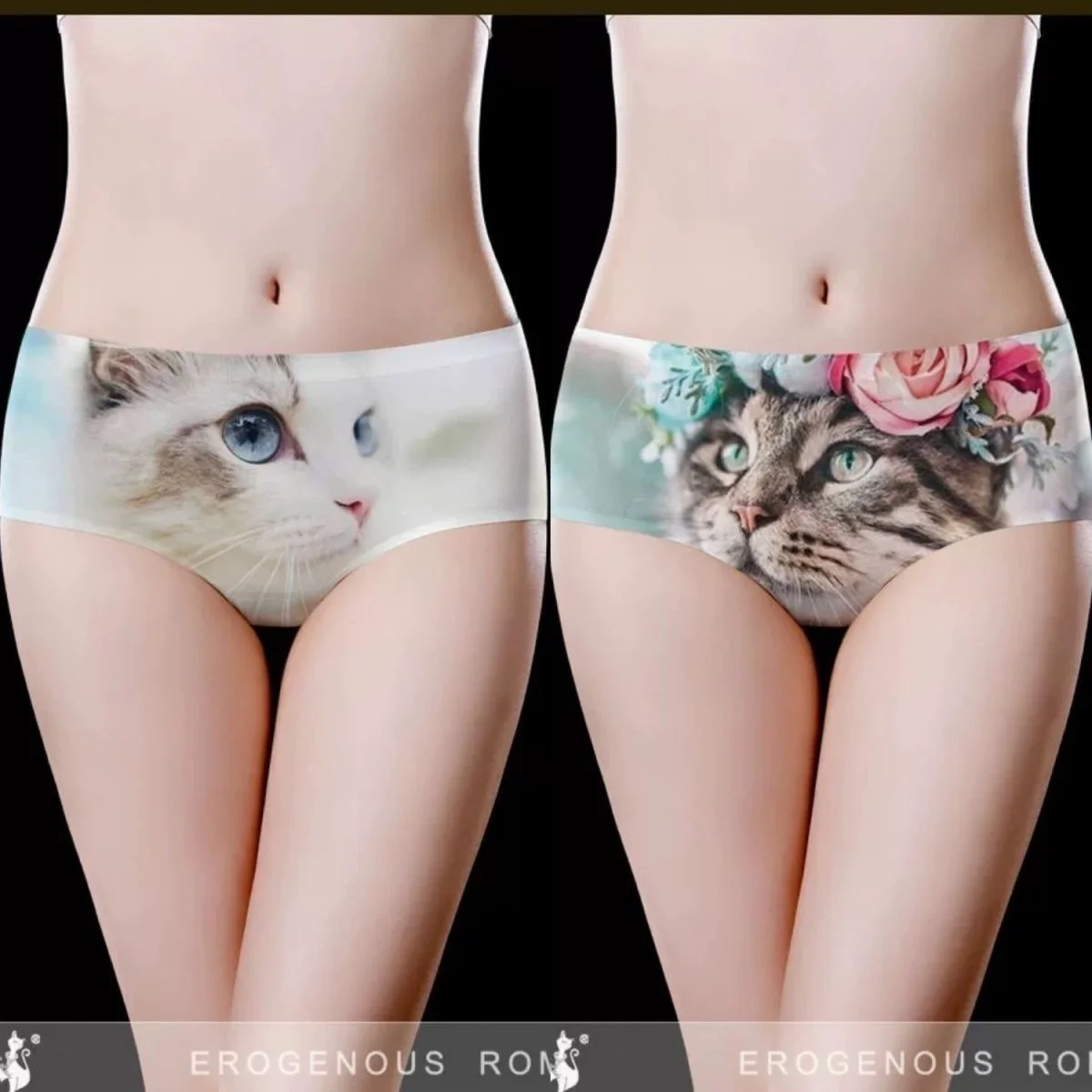 Ice Silk Cat Seamless Panties Summer Women\'s Underwear Cartoon Printed Underpanties Half Boxer Lingerie Mid-Waist Briefs