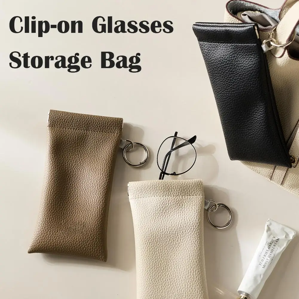 Solid Color Eyeglasses Case Auto Close Sunglasses Pouch Portable Leather Glasses Bag with Cleaning Cloth Hanging Keyring