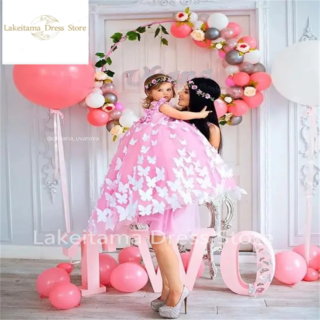 Flower Girl Dress Lovely Baby Girls Birthday Party Dresses Pink Dresses 3D Butterfly Girls Celebration Pageant Dresses