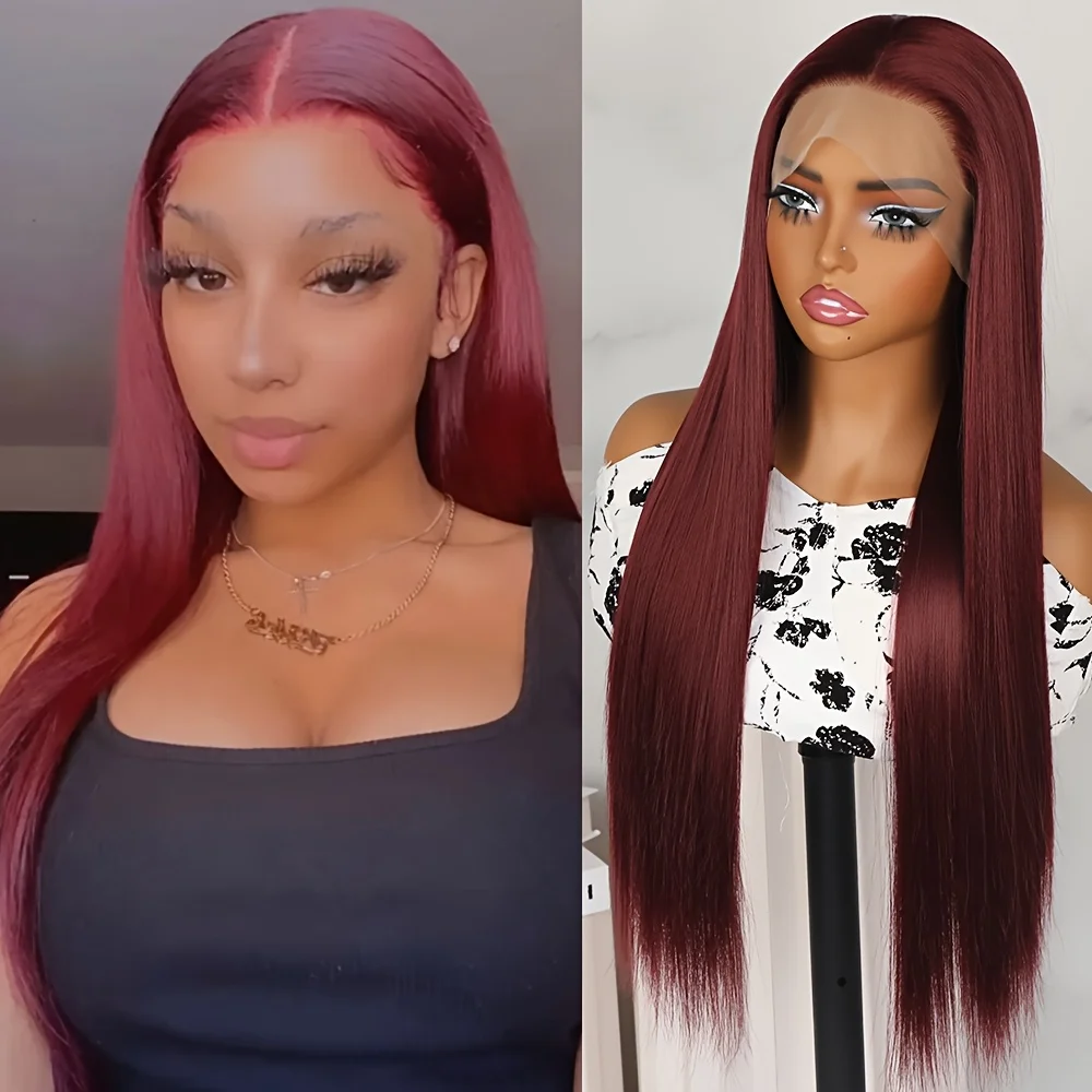 

Синтетические парики с кружевной передней частью для женщин, с предварительно выщипанной естественной линией роста волос, длинные прямые волосы, без клея, винно-красный цвет, термостойкие.