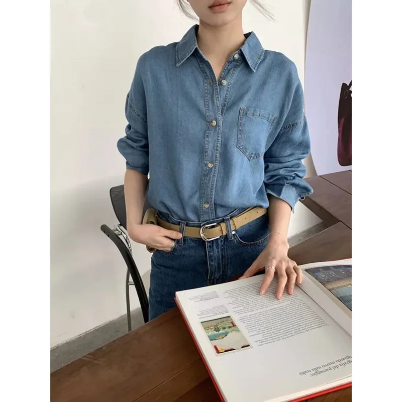 

Women Lyocell Denim Shirts Spring Autumn Turn Down Collar Soft Single Breasted Loose Casual Tops