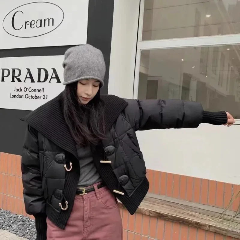 Knitted Stitching Down Jacket Women\'s Overcoat 2025 Winter New Fashion Loose Lapel White Duck Down Coats Thicke Warm Parker Coat