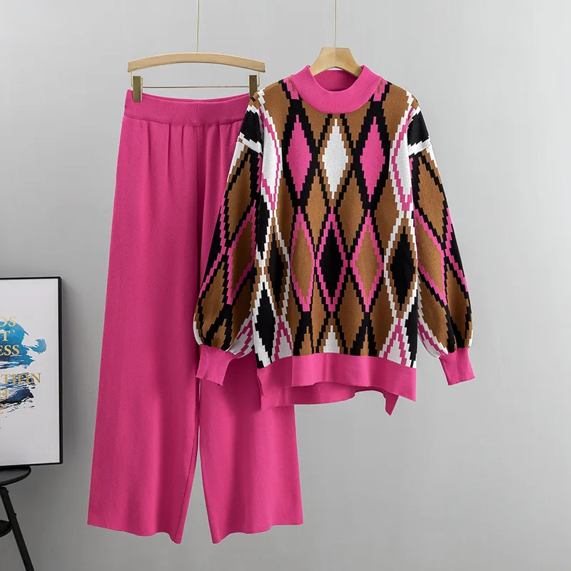 Setelan Dua Potong Kasual Fashion Wanita untuk Musim Gugur dan Musim Dingin, Sweater Lengan Panjang Longgar dengan Kerah Bulat dan Celana Kaki Lebar.