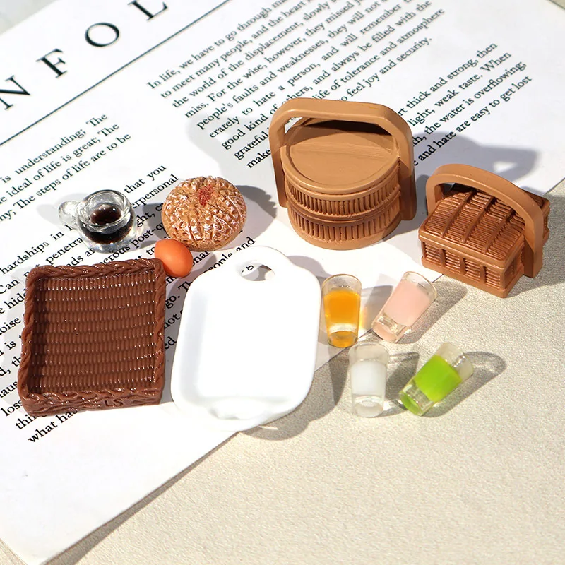 Artificial bread egg juice drink resin accessories diy handmade miniature picnic basket