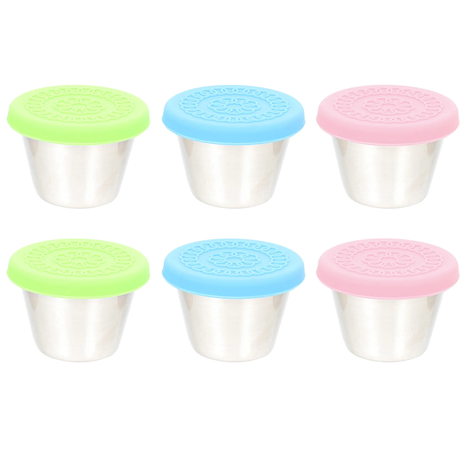 

6pcs Stainless Steel Sauce Cup Metal Syrup Small Dipping Cups Leak Proof Silicone Lid Kitchen Tools Round Edges Easy Clean