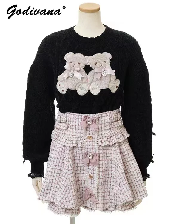 Japanese Liz Lolita Skirt Set New Autumn Winter Mass-produced Cute Bear Pullover Sweater High Waist Tweed Strap Skirt Outfits