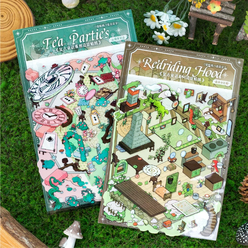 Kawaii theekransje 3D Bos Roodkapje Landschap Sticker DIY Pocket Cabin Scène Festival HolidayChildren geschenken