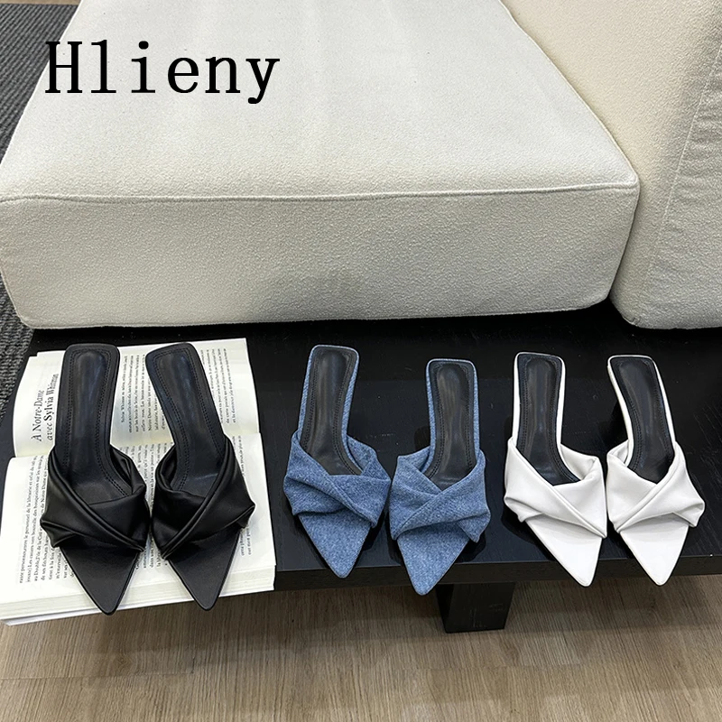 Hlieny Fashion Pointed Toe Denim Mule Slippers Woman Brand Design Kitten Heel Sandals Ladies Elegant Shallow Dress Slide Shoes