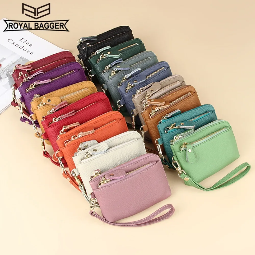 Royal Bagger Fashion Short Wallet for Women Genuine Cow Leather Cute Clutch Bag Zipper Coin Purse Card Holder with Key Chain