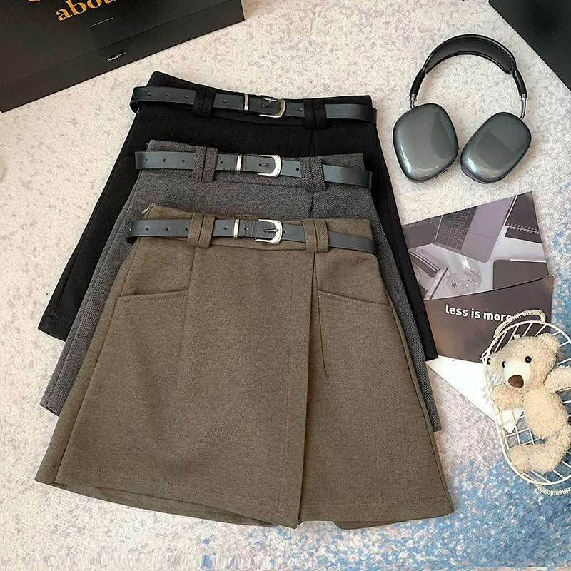 ay Thi Wollrockhose Damen Herbst Winter Oberbekleidung Kleine Größe A-Linie Stiefelhose Asymmetrische Orts