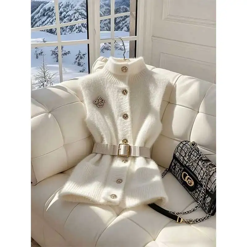 

Women Clothes Spring Autumn Fashion Simplicity Trend Button Solid Color Stand-up Collar Knitting Appear Thin Sleeveless Vest Top