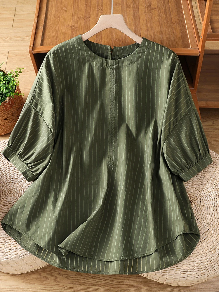 Loose Fit Striped Shirt round Neck Pullover Lazy Style plus Size Women's Top Korean Japanese Brand Artistic Summer Casual Wear