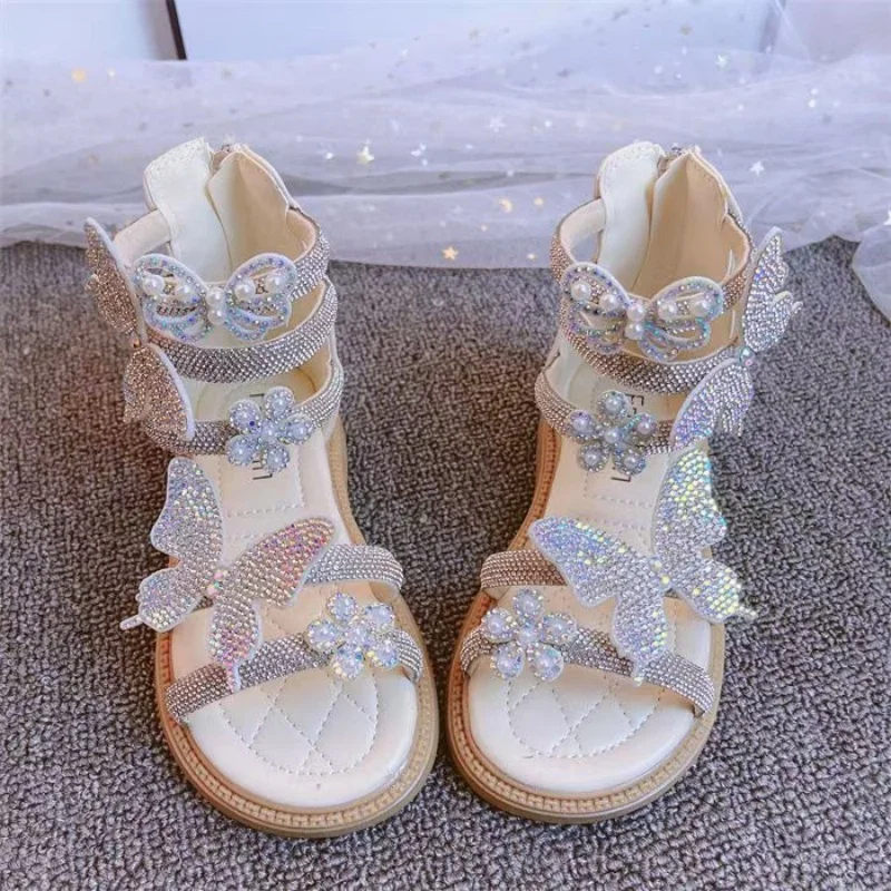Girls' High Top Sandals Summer New Style Diamond Bow Fashion Roman Princess Shoes 2026 Children's Soft Bottom Beach Sandals
