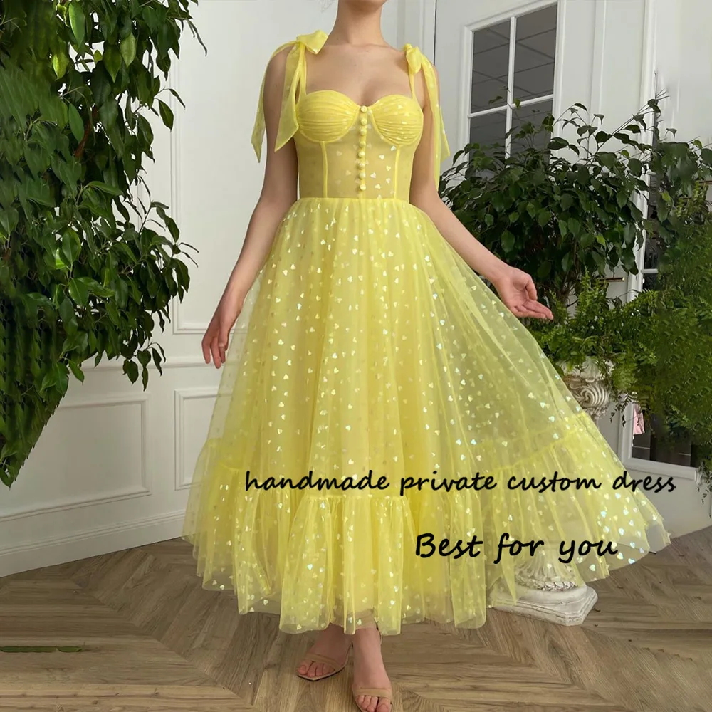 

Yellow Heart Tulle Party Prom Dresses Bow Straps Corset Sweetheart A Line Formal Evening Dress Tea Length Fairy Prom Gowns