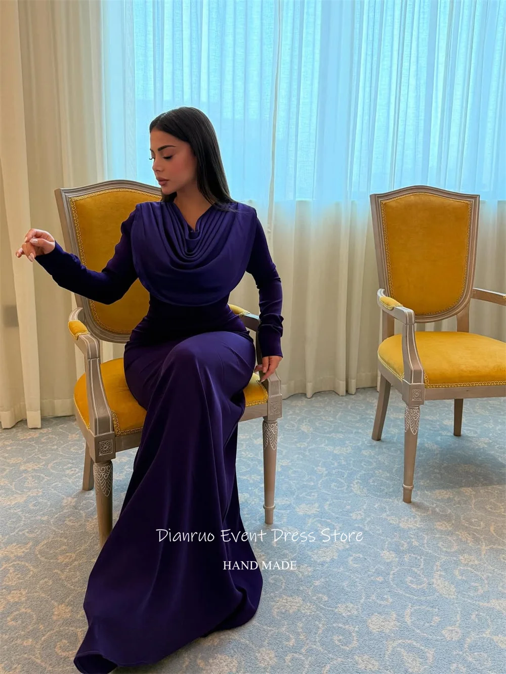 Dianruo Фиолетовые вечерние платья с капюшоном и вырезом Атласные платья русалки для гостей длиной до пола Bodycon Fit Robes De Cocktail по индивидуальному заказу