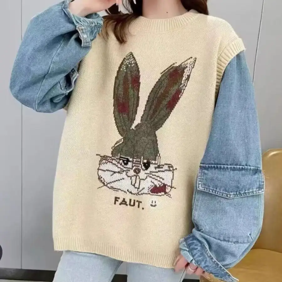 Hsa European Outerwear Designer Sequined Cartoon Rabbit Cute Girl Pullover Sweaters Women Jeans Patchwork Streetwear Pull Femme