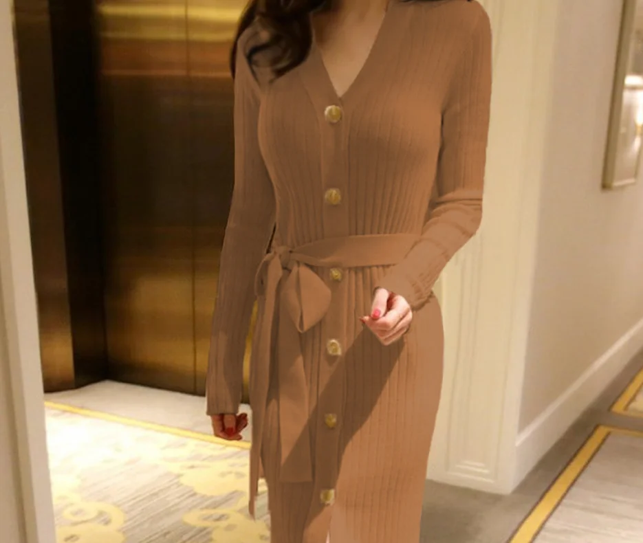 

V-neck Botton Bodycon Knitted Dress Midi White Vintage Elegant Kobieta Sukienka Black Korean Long Sleeve Autumn Sweater Cardigan