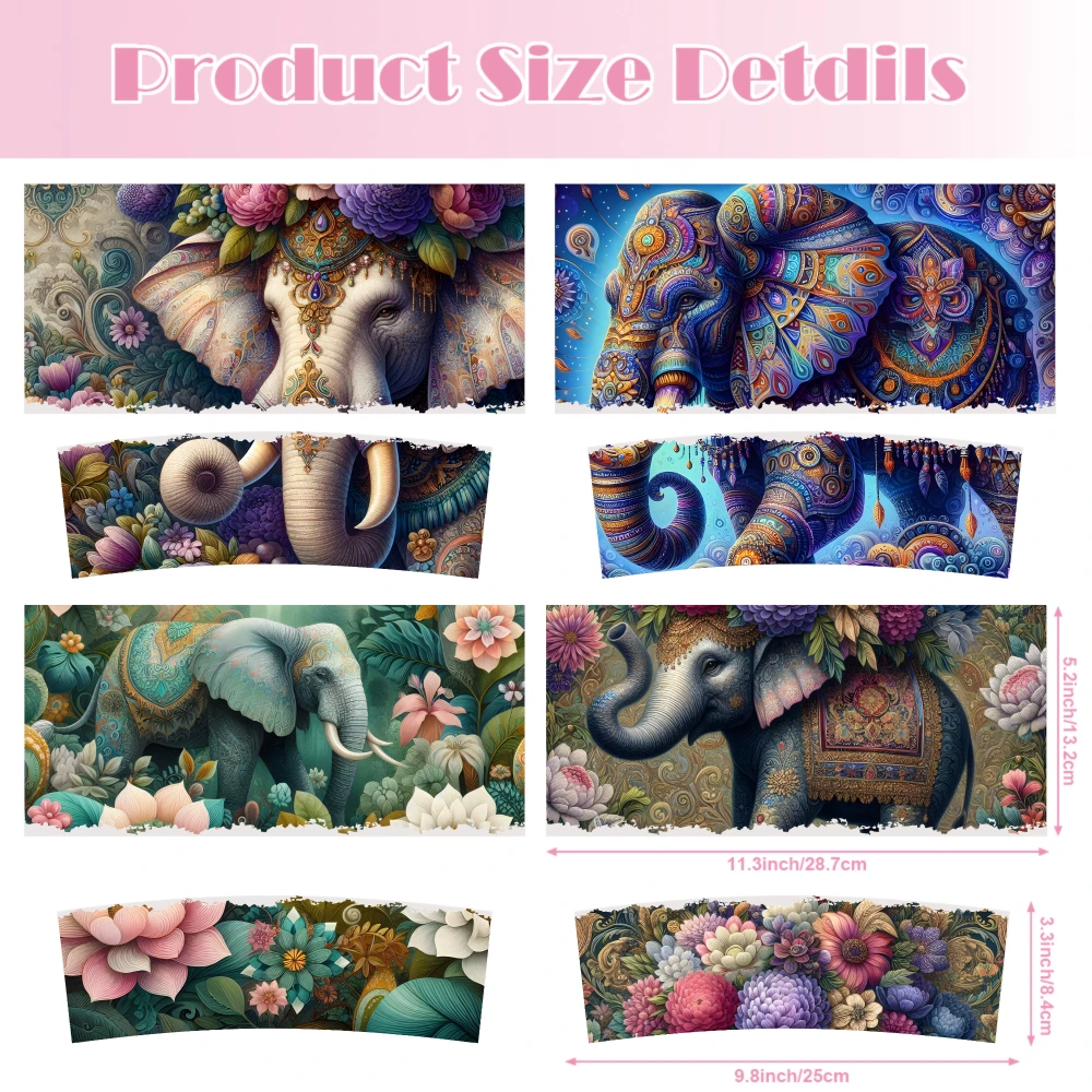 4 Sheets Elephant Floral Artistic Pattern Vibrant Colors Decorative Design UV DTF Stickers for 40oz Tumblers Decorative Transfer