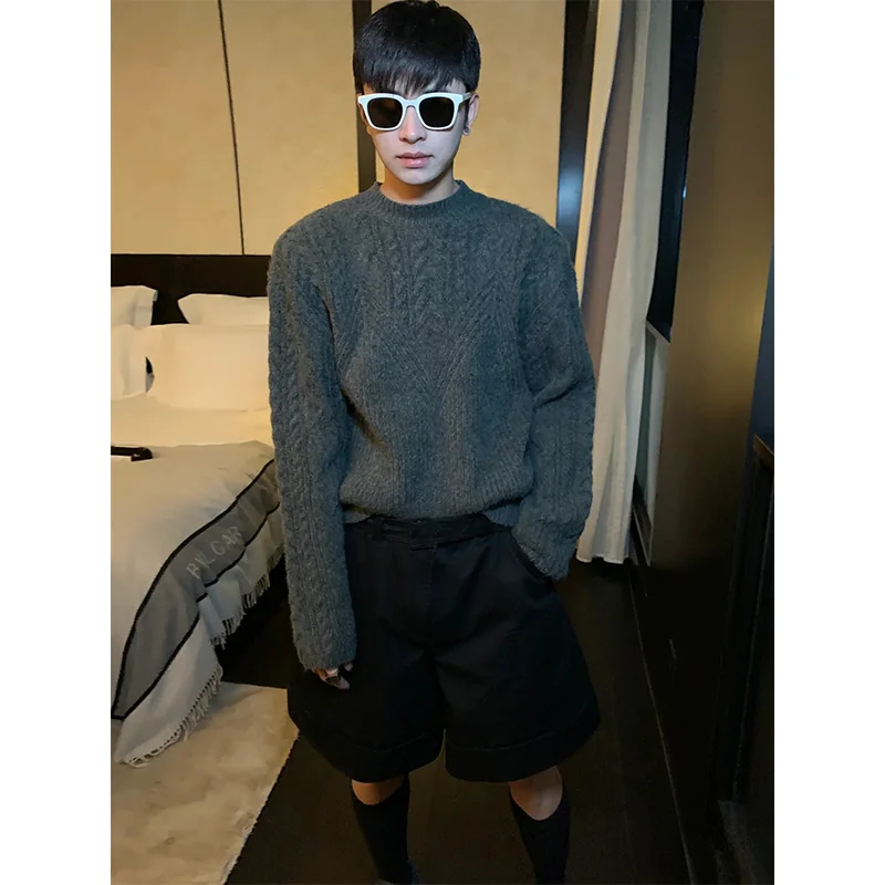 

Мужской вязаный свитер: зимний, модный, брендовый, в стиле Lazy Sle, премиум-класса, с круглым вырезом, с узором «косы», повседневный, свободного кроя, с длинными рукавами