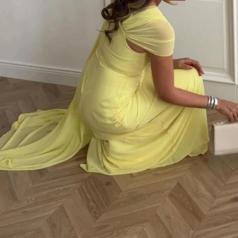 

A26818 Simple Yellow Evening Dress Ruched Boho Chiffon Women Wedding Guest Party Prom Occasion Wear Formal Bridesmaid Customized