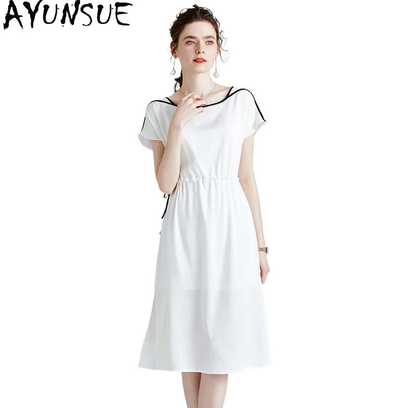 

AYUNSUE 92.3% Mulberry Silk Dress for Women Elegant Women's Dresses Summer Clothes Midi Dress Lace-up Vestidos De Mujer 2024