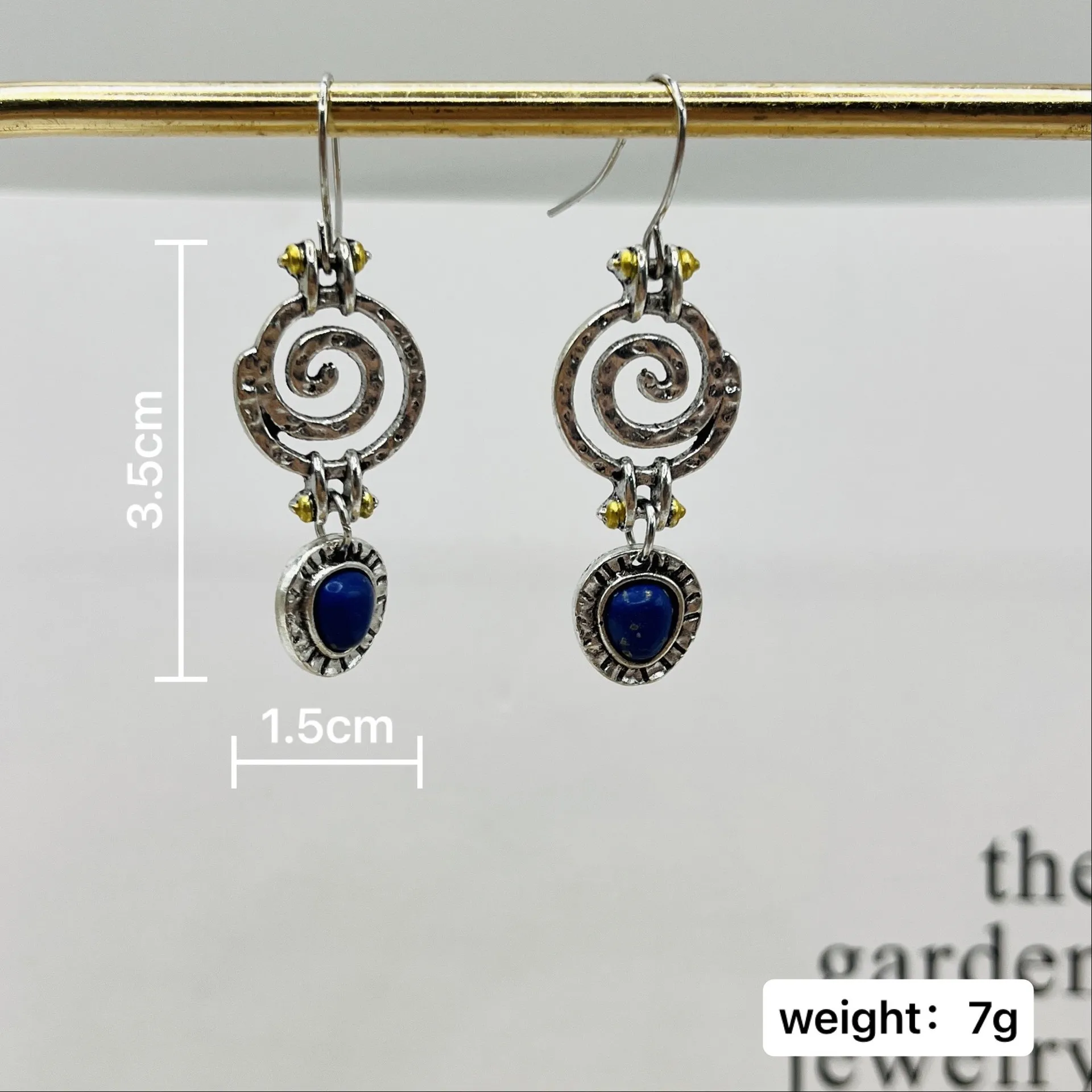 Boho Dangle Earrings Blue Spiral Hollow Stone Antique Tribal Jewelry Women Ethnic Earrings Swirl Antique Silver Color