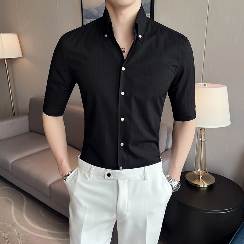 Slim Fit Anti-Rimpel Hoge-Kwaliteit Donker Gestreepte Half Mouwen Shirt Mannen Zomer Smart Casual Zachte Comfortabele Luxe chemise Homme