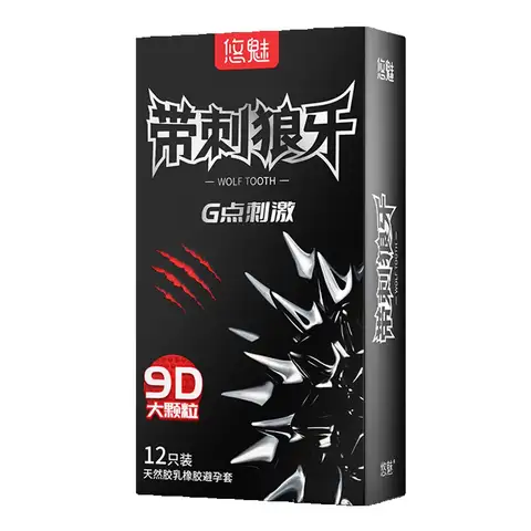 12pcs/box Female G Spot Vaginal Stimulation Condoms 9D Wolf-tooth Adults Sex Toys For Men 18+ Ribbed Dotted Spikes Penis Sleeve