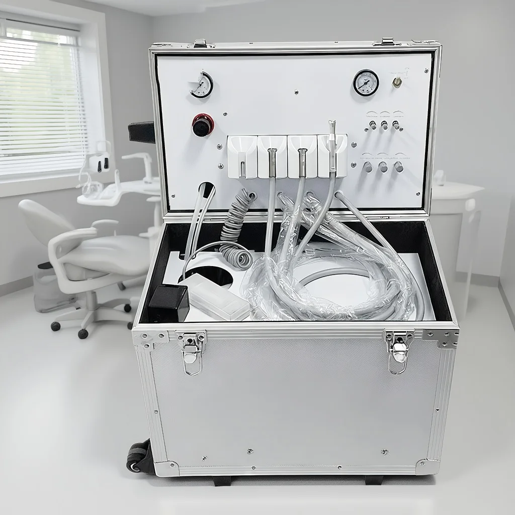 وحدة توربينات الأسنان المحمولة مع ضاغط الهواء - مجموعة تلميع طب الأسنان لمستحضرات التجميل للقشرة وتبييض الأسنان