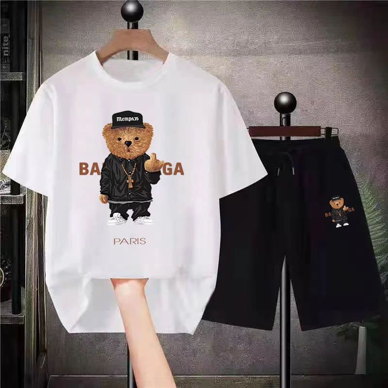 2023 New Summer Tshirt Set Men Funny Bear Print Cotton Tracksuit Outfits Man Sportswear Hip Hop Streetswear Trend 2 Piece Sets