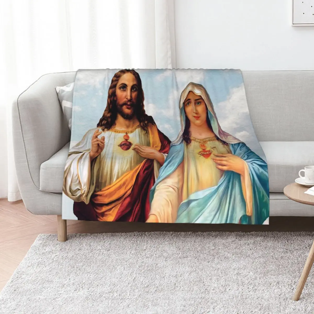 Sacred and Immaculate Hearts - III (Jesus and Mary) sky background Throw Blanket Plush Beautifuls Retros For Baby Beach Blankets