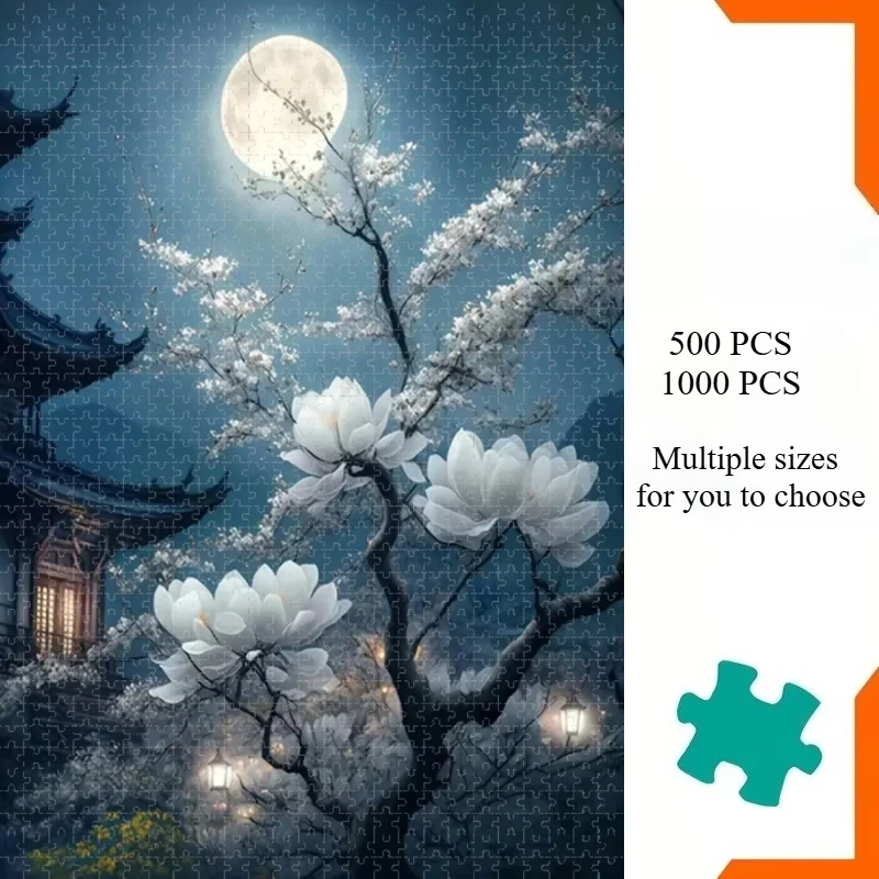 Jigsaw Puzzle 500/1000 Pieces Flowers Blooming on Night Puzzles Adult Present Portable Box for Family Games Educational Toys