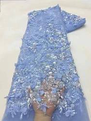 Blue 5 Yards French 3D Flower Mesh Tulle Lace Fabric with Beads African Sequins Applique Nigerian Fabric for Wedding Party Q17-1