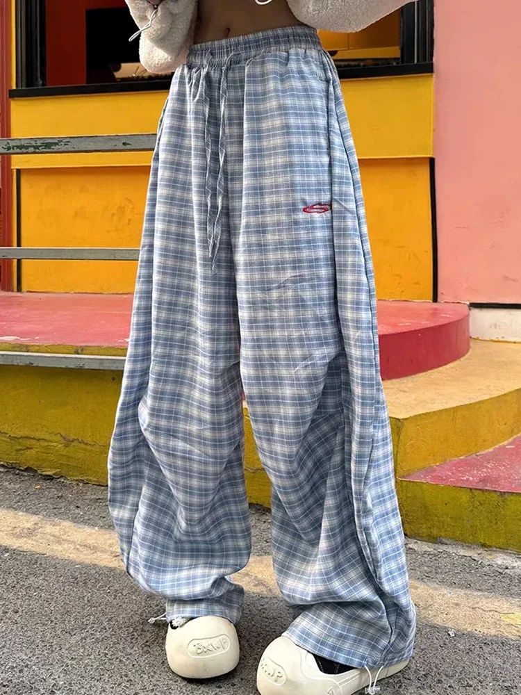 Y2K Vintage Plaid Pants Women American High Waist Scimitar Pants Harajuku Streetwear Oversize Loose Korean Casual Trousers New