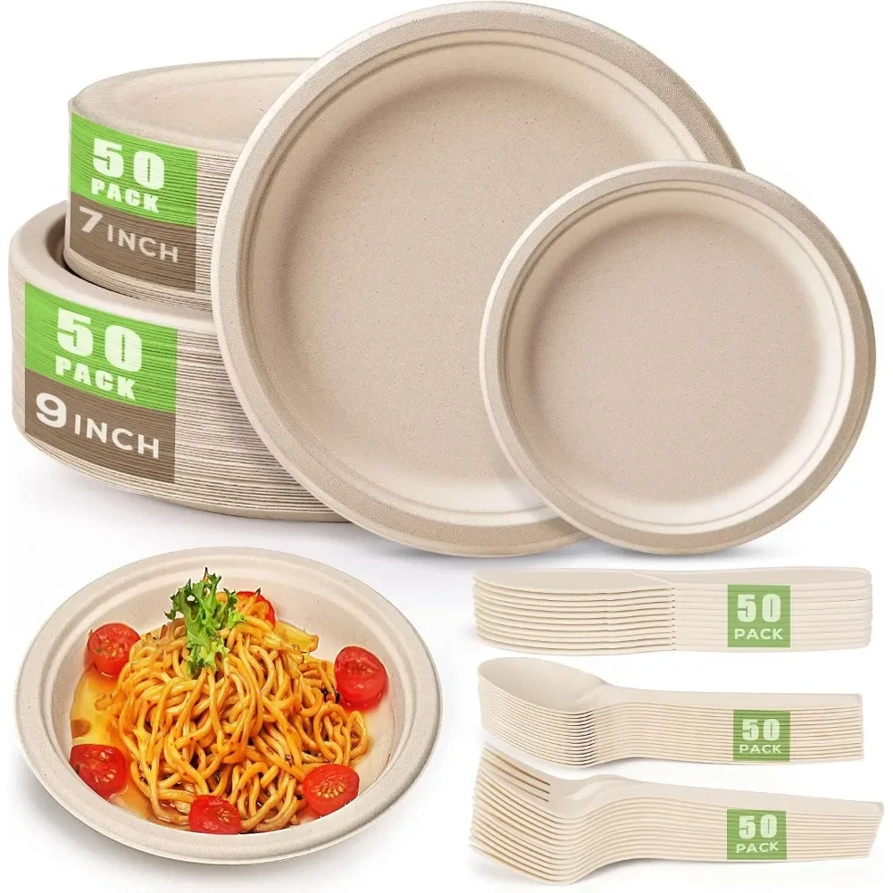 

250Pcs Disposable Paper Plates Set, Compostable Plate Sugarcane Utensils Eco Friendly Dinnerware Kit Includes 50 Biodegra