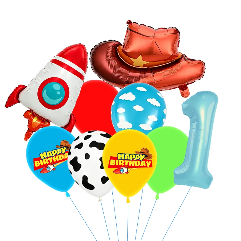 Es ist ein Spielzeug-Set mit der Geschichte „Inspired Story“ in Blau, Rot, Gelb und Grün mit Kuh-, Wolken- und Ballonmotiven für Geburtstags- und Babyparty-Dekorationen im Cartoon-Stil – Detail 11