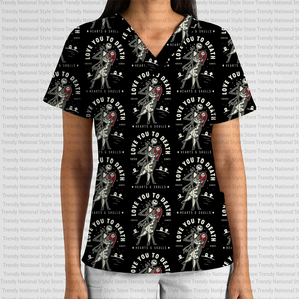 Women's V-Neck Scrub Top Hospital Uniform The Nightmare Before Christmas Jack and Sally Print Nursing Clothes Pet Shop T-shirt