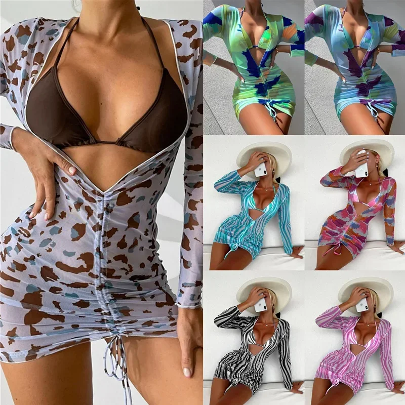 

Long Sleeves Dress 2022 Print 3 Pieces Bikinis Set Brazilian Triangle Swimsuit Women Sexy Swimwear Women Sport Bathing Suit