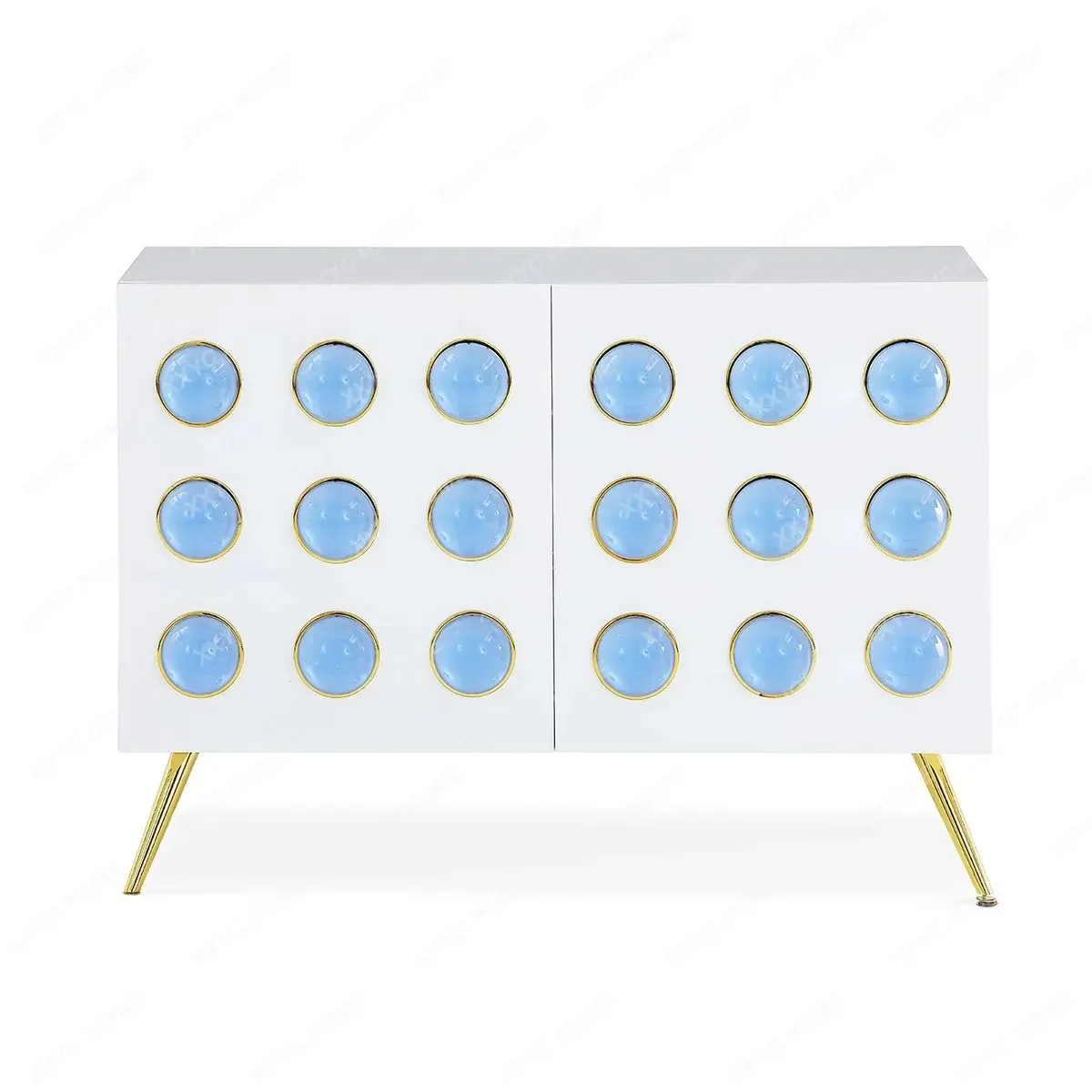White High-gloss Lacquer With Blue Acrylic Round Ball Gold Metal Base Sideboard For Living Room