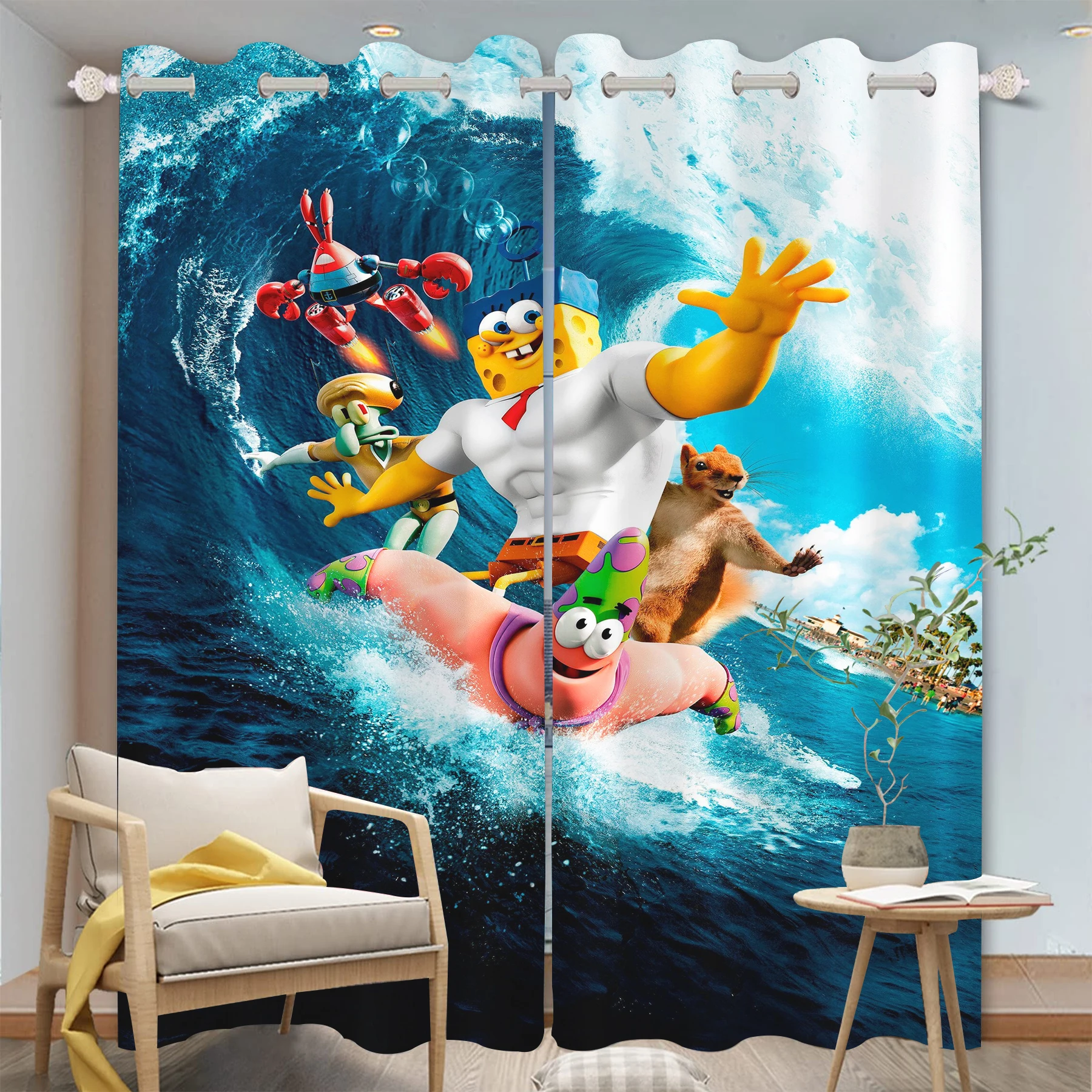 Spongebob Patrick Star Drapes Dustproof Living Room Bedroom Blackout Curtains Cartoon Cute Perforated 100% Polyester Anime