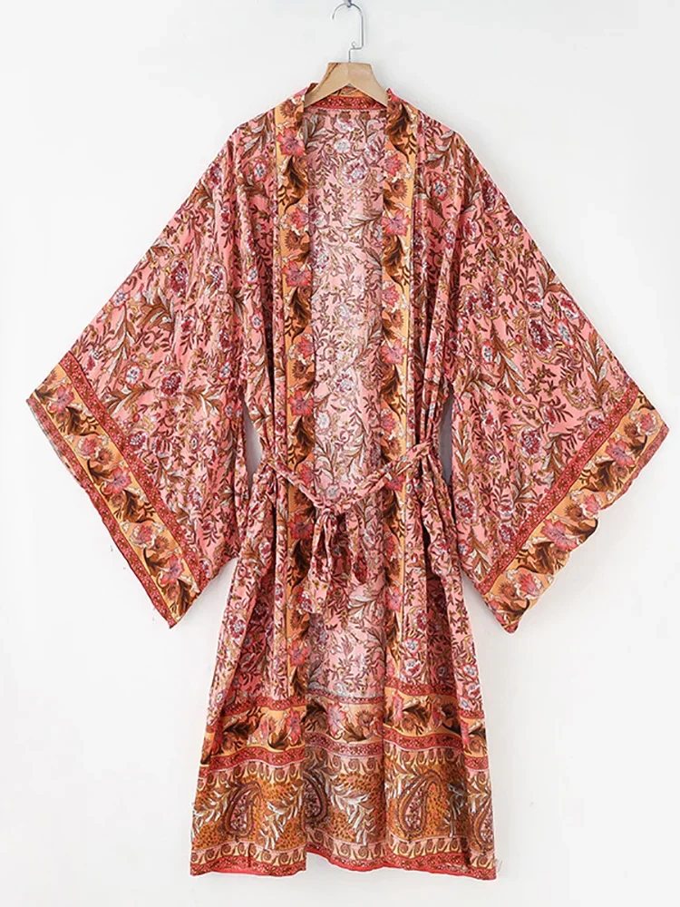 Boheemse zomer strand kimono dameskleding print bloemen vakantie bikini cover-up badmode katoen vintage vest