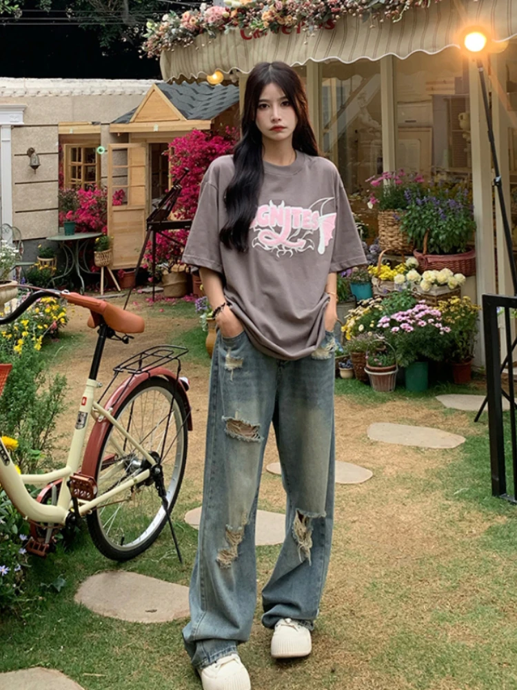 

Винтажные широкие джинсы, женские летние джинсы с дырками, весенние свободные джинсы с высокой талией в американском стиле ретро, потертые, универсальные, уличная одежда