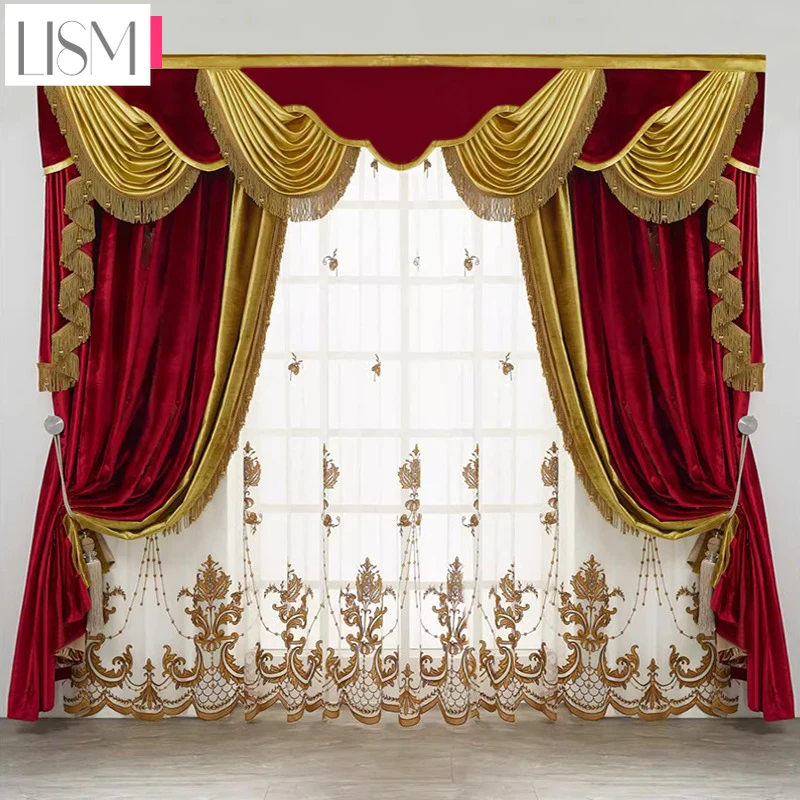 

European Palace Luxury Velvet Curtains for Living Room Bedroom Red Yellow Splicing American Villa Blackout Decor Custom Tulle