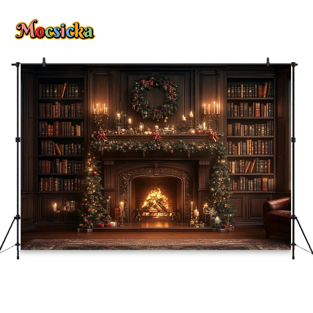 Christmas Fireplace Room Background Photography Vintage Bookshelf Xmas Wreath Candle Backdrop Decor Kids Family Photo Studio