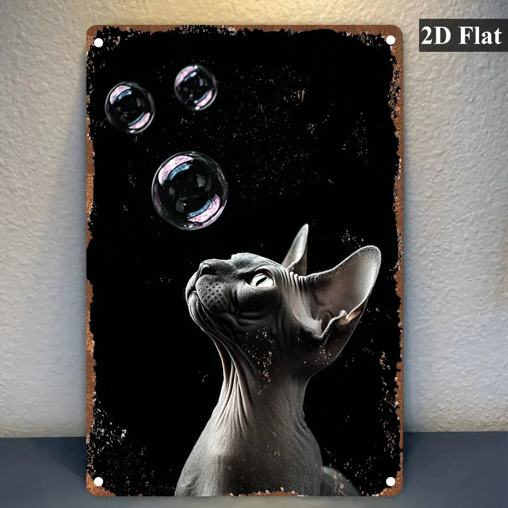 Vintage Sphynx Cat Wall Sign - Metal Iconic Hairless Cat with Soap Bubbles, Retro Black Background & Sphynx Cat - for Home